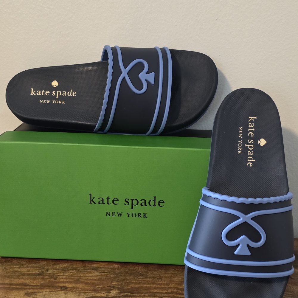 Kate Spade Dark Blue Slides with Light Blue Trim - Picture 2 of 5